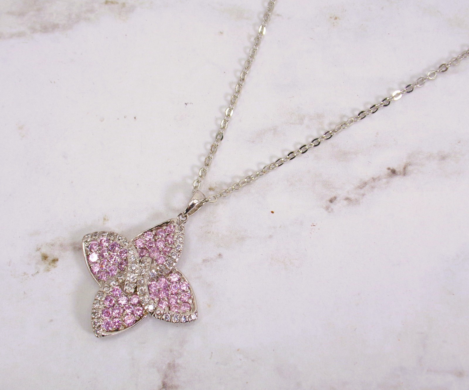 Pink and clear crystal flower pendant necklace in a silver setting 1″ x 1″ New