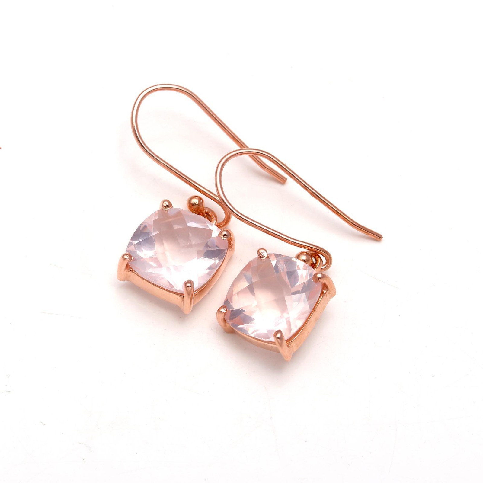 Natural Rose Quartz Cushion Dangle Earrings Rose Gold Fill Solid Silver Jewelry