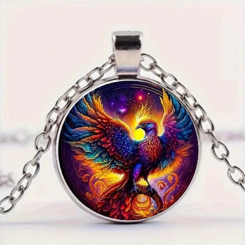 Bohemian Style Retro Colorful Phoenix Pattern Round Pendant Necklace