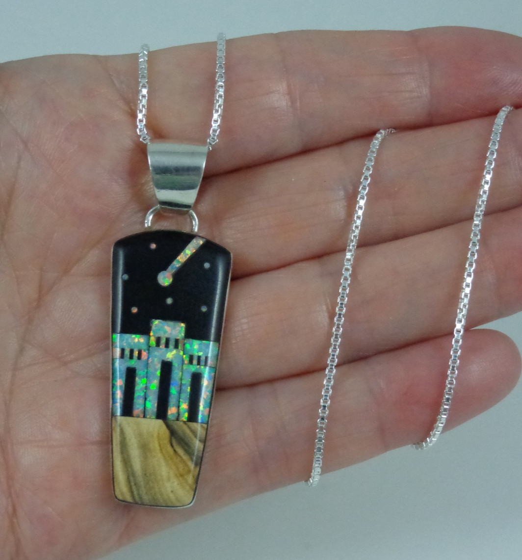 Sterling Silver Jasper Starry Night Lab Opal Three Dwellings Pendant Necklace