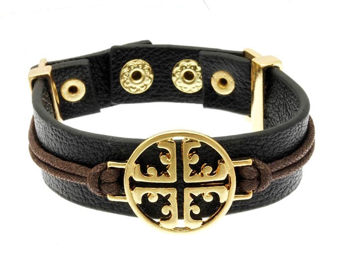 Urban Bohemian Black Leather Bracelet with Gold Cross Pendant Bling