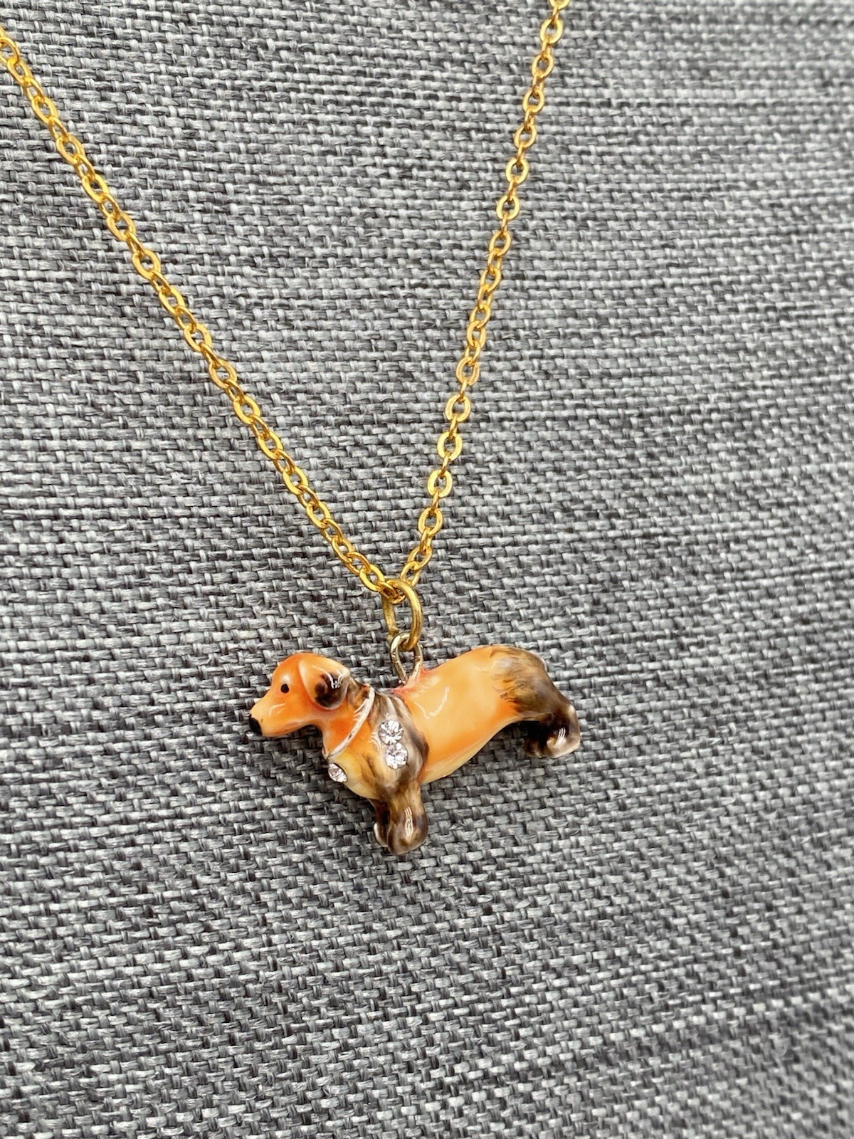 Enamel Ceramic Tiny Dachshund Pendant Necklace 20”