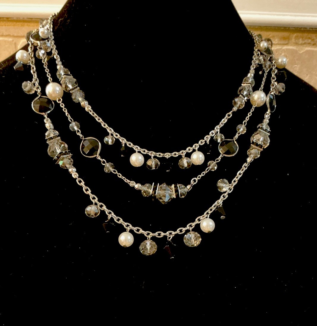 White House Black Market 3 Strand Silver Crystal Pearl Black White Necklace-NWOT
