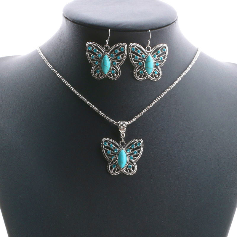 Swarovski Elements Original G4L Butterfly Turquoise Stone Women’s Silver Set