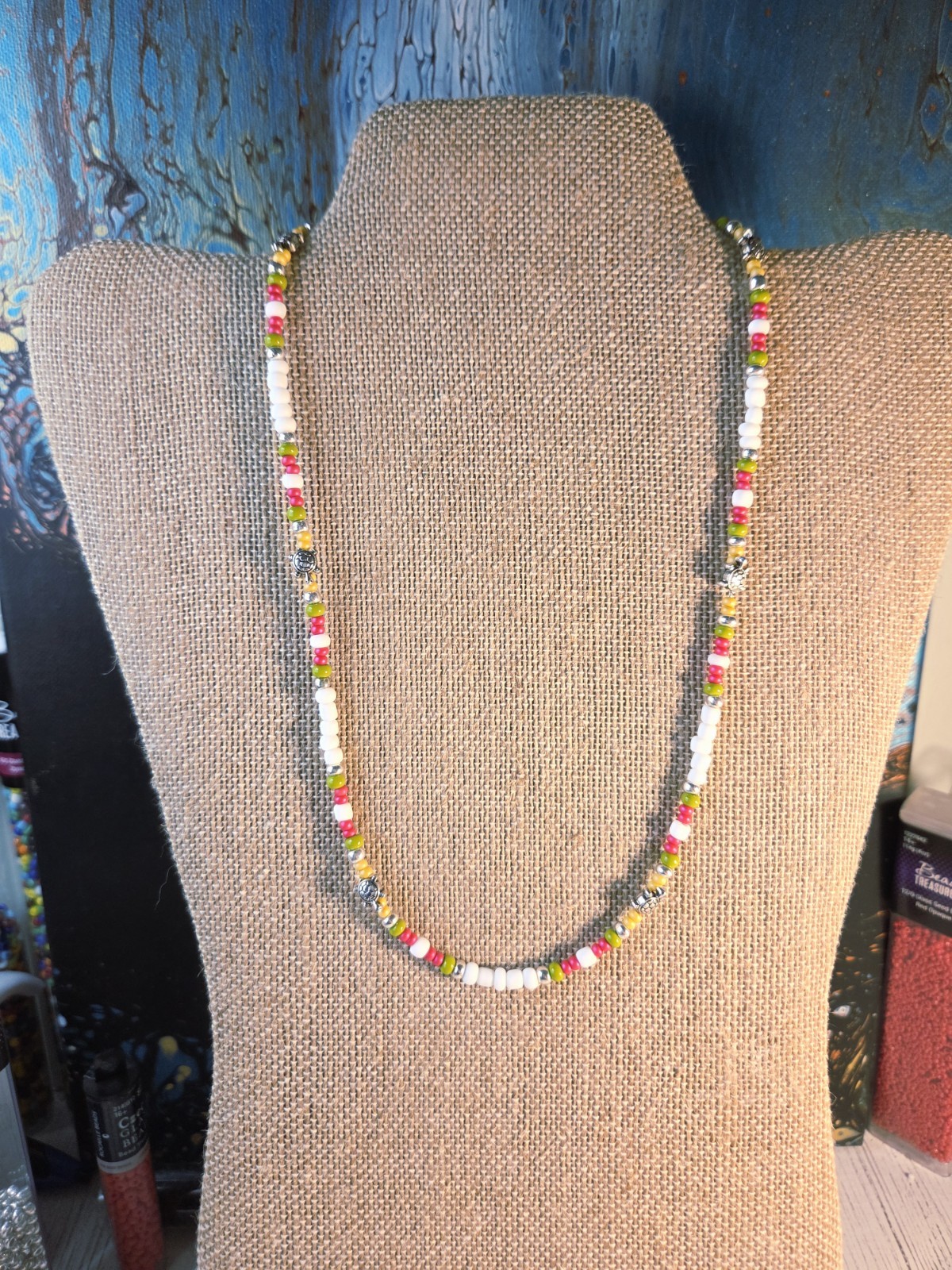 Turtle Necklace Beaded Jewelry Glass Beads White Green Pink Lobster Clasp