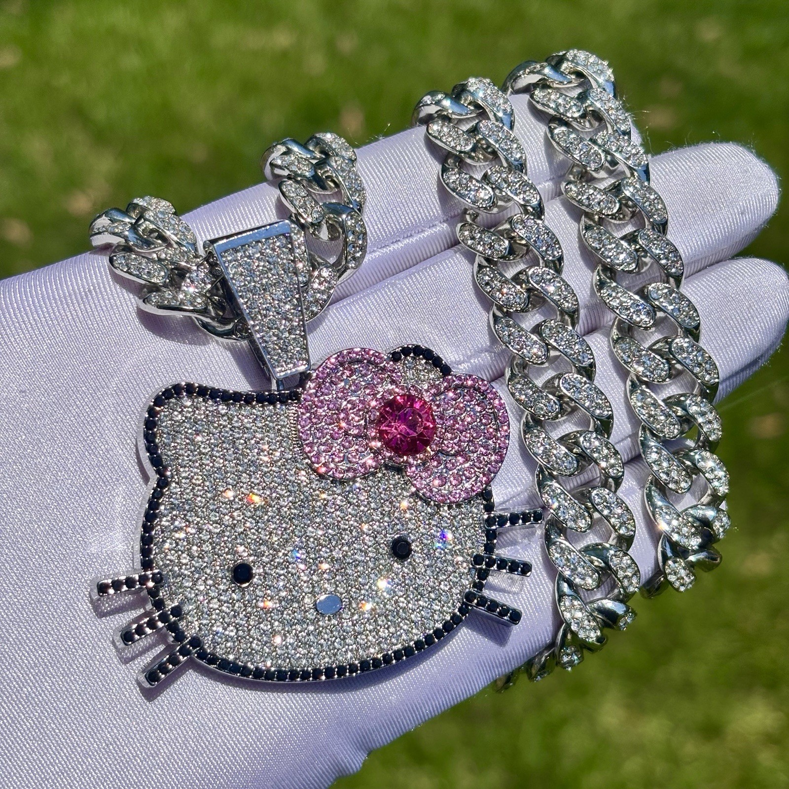 Hello Kitty Pendant / Iced out Cuban Link Chain Necklace White Gold Plated