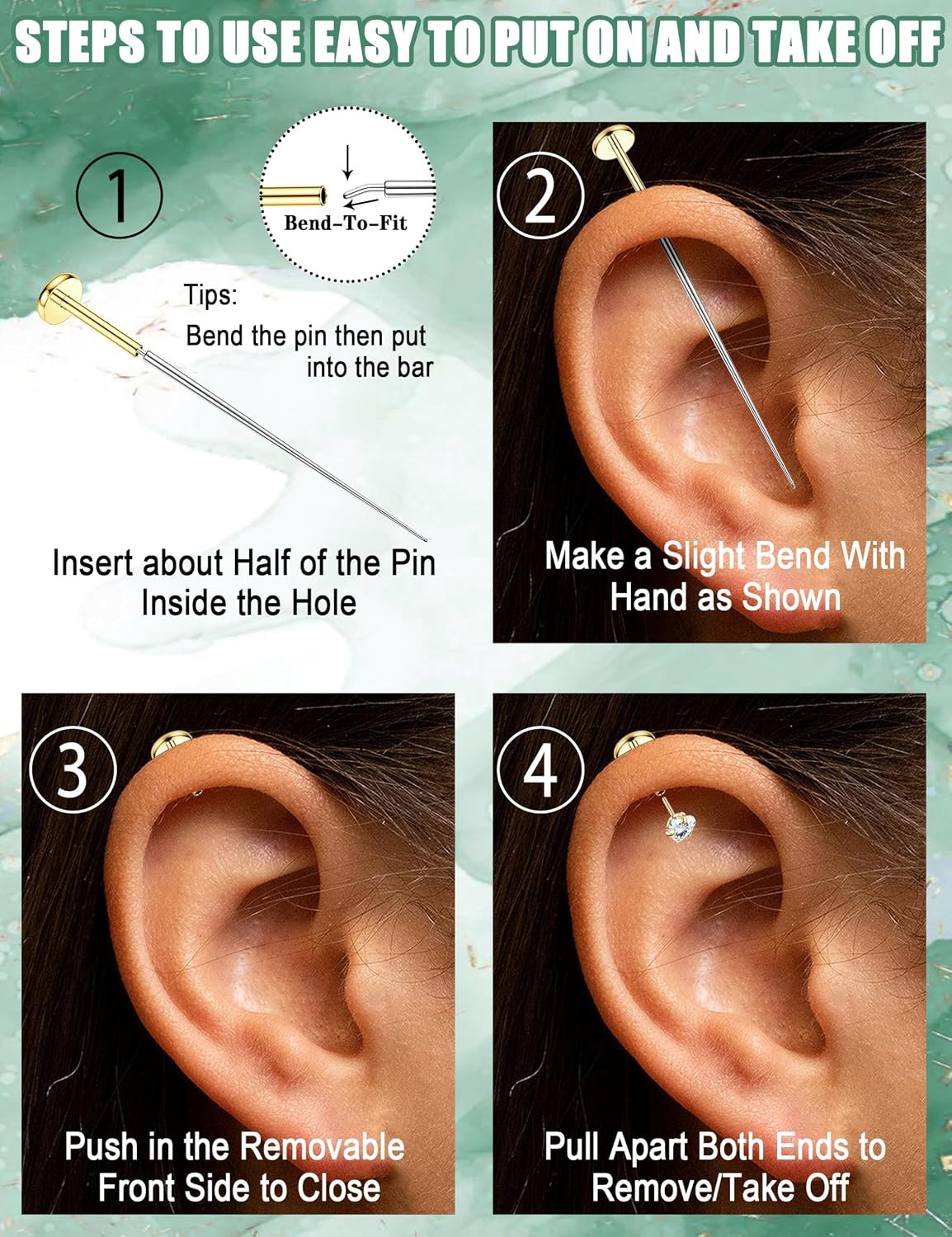 14K Gold Plated Push in Stud Earrings, 316L Surgical Steel Flat Back Earrings Th