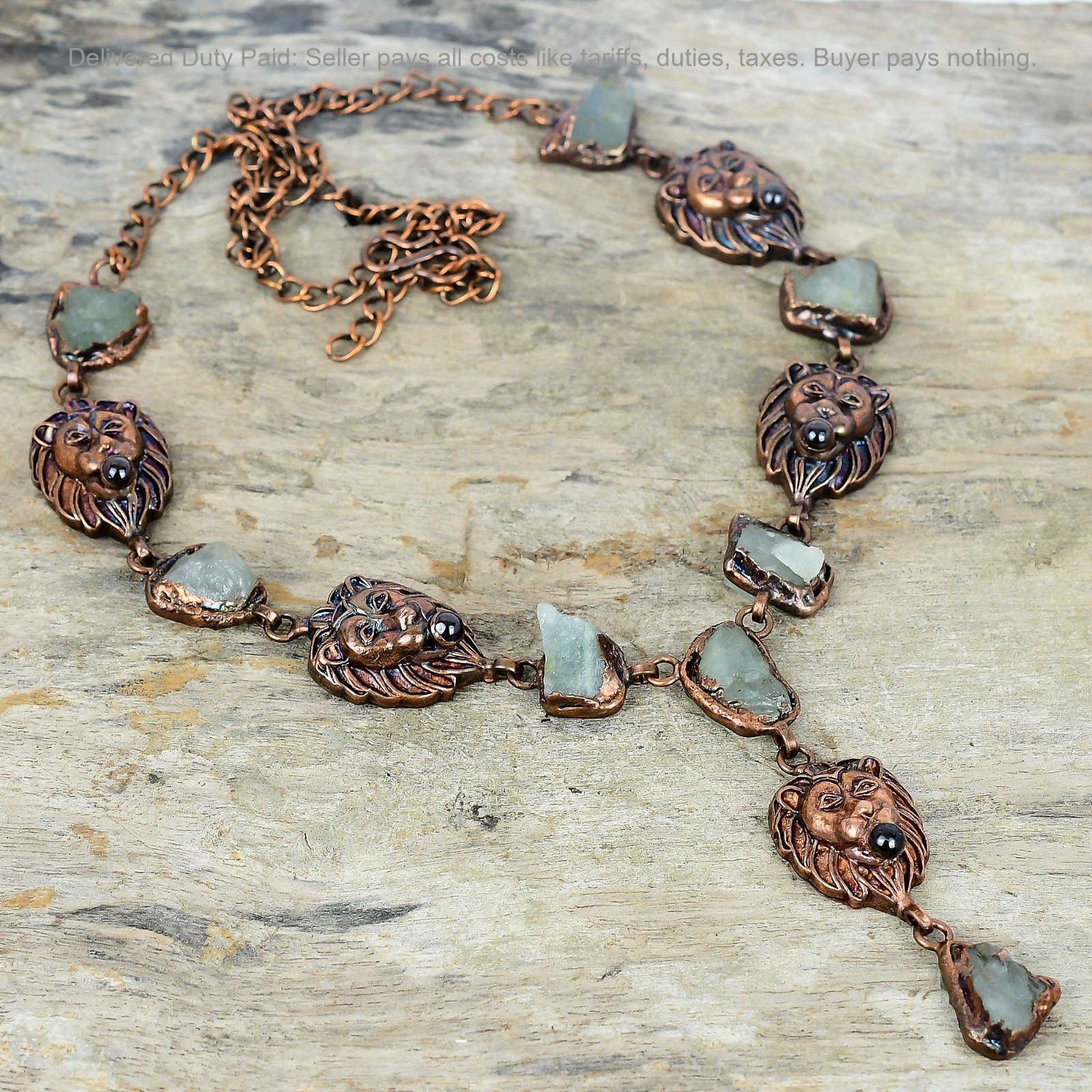 Natural Aquamarine Rough Copper Chain Wife Electroformed And Lion Face Necklace