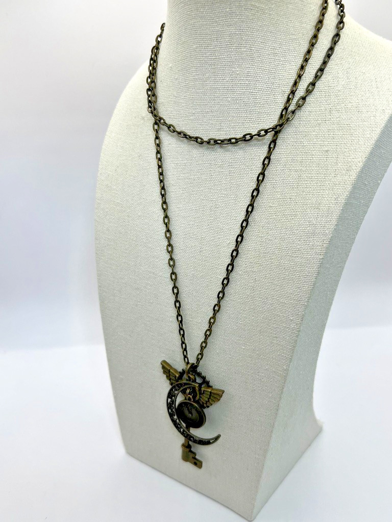 Whimsical Steampunk Charm Necklace Key Wing Clock Pendant Long