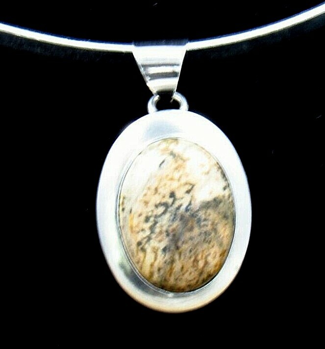 Lovely Picture Jasper Sterling Silver Oval Pendant Signed B I 1 3/8″ x 3/4″