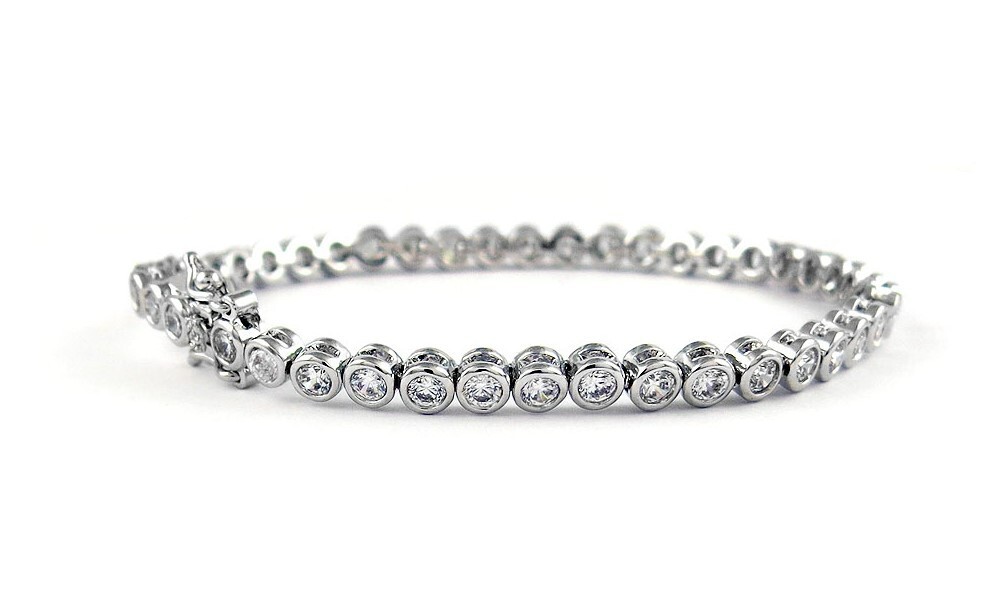 18k White Gold Plated Bezel Cubic Zirconia 4mm Round Cut Tennis Bracelet – 7.5″