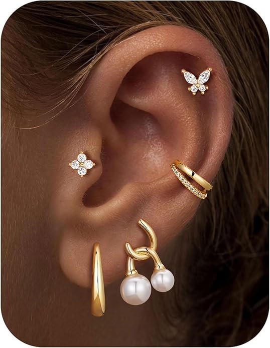 M MOOHAM 5 Pairs Plated Gold Plated Stud Earrings for Women, Hypoallergenic