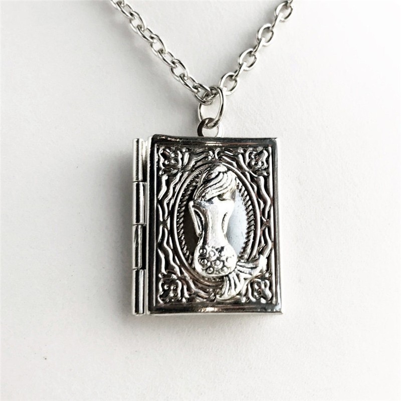 Vintage Book Locket Necklace Photo Picture Holder Antique Silver Pendant Gift