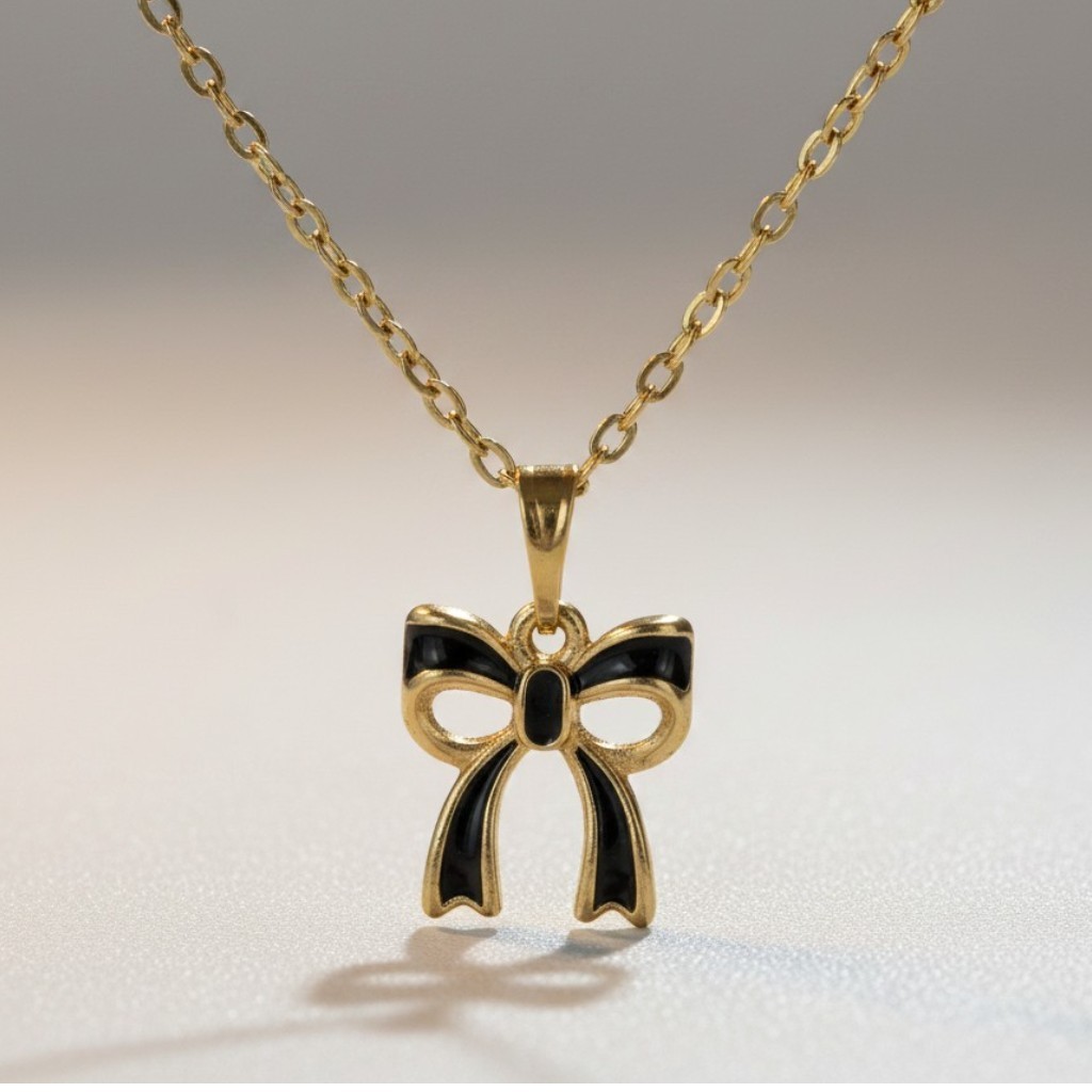 Vintage Style Black & Gold Bow Charm Pendant Necklace Fashion Trendy Jewelry