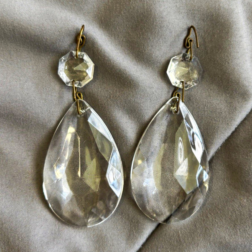 Clear Crystal Teardrop Dangle/Drop Earrings, French Wire Hooks, 2 Stones