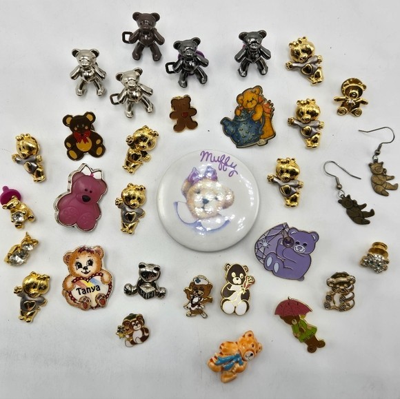 Lot of 31 Teddy Bear Lapel Pins Earrings Muffy Ceramic Enamel Cloisonne Children