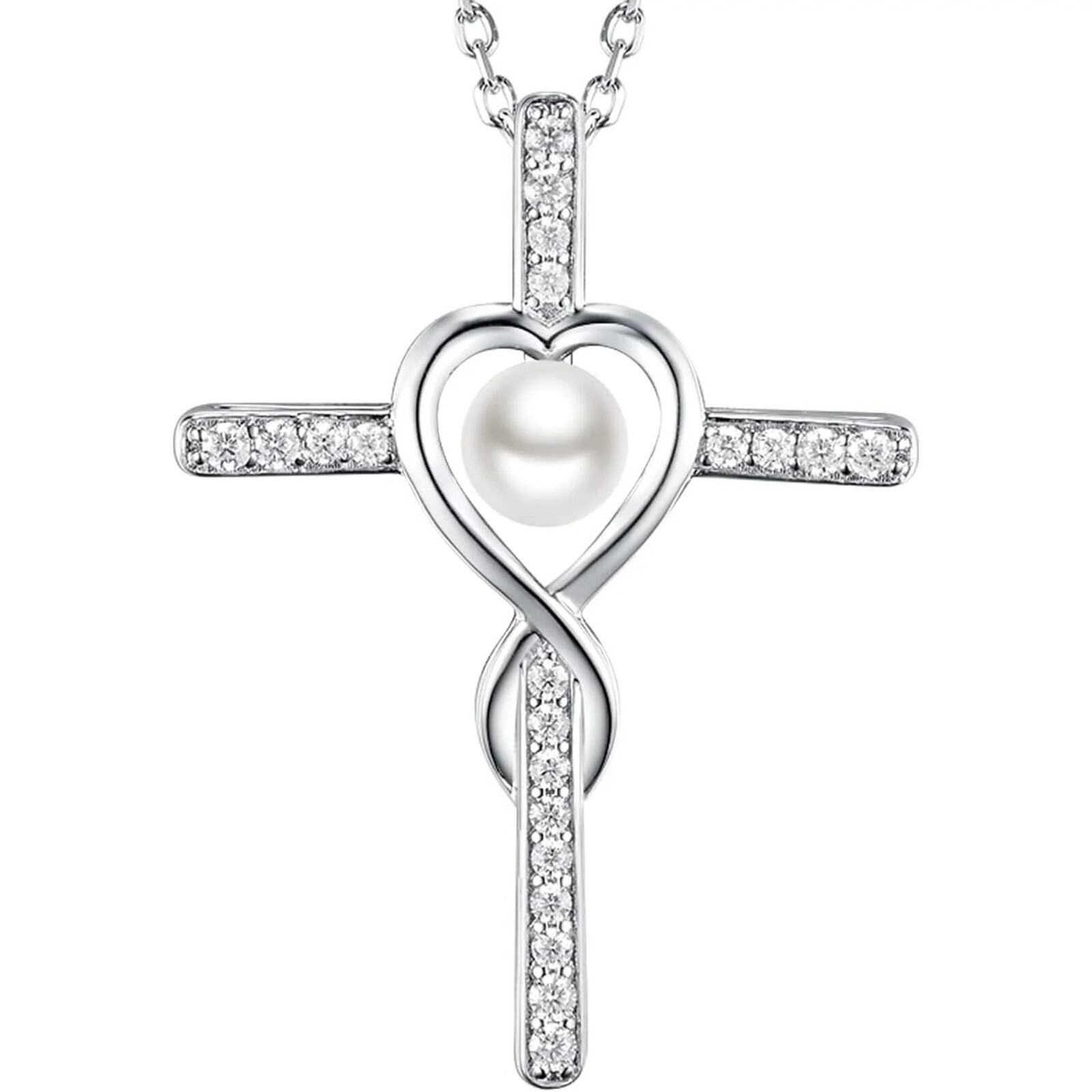Infinity Cross Pendant with Pearl – Christian Heart Necklace for Women, Gift