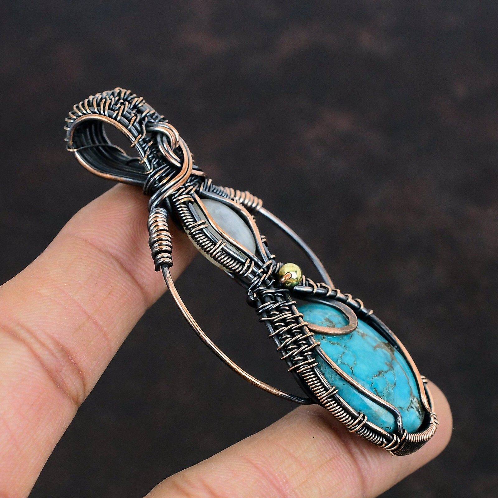 Tibetan Turquoise Wire Wrapped Pendant Handcrafted Copper Gift Jewelry 3.15″