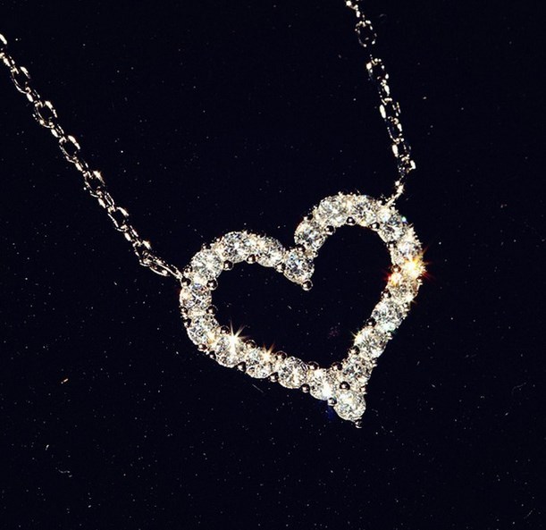 Rhodium 18″ Sterling Silver Cubic Zircon Open Heart Pendant Necklace Gift K14A