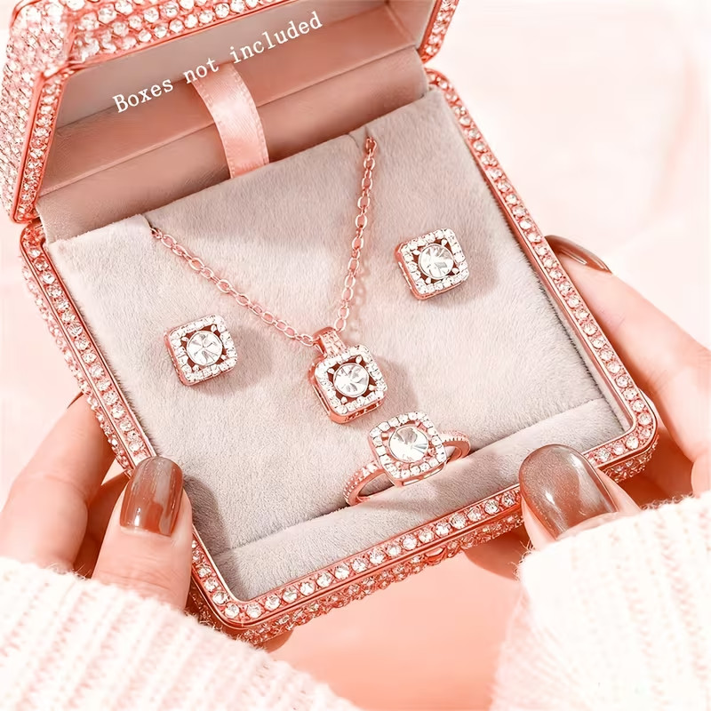 4PCS Cubic Zirconia Jewellery Set Necklace Earrings Ring Daily wear Wedding Gift