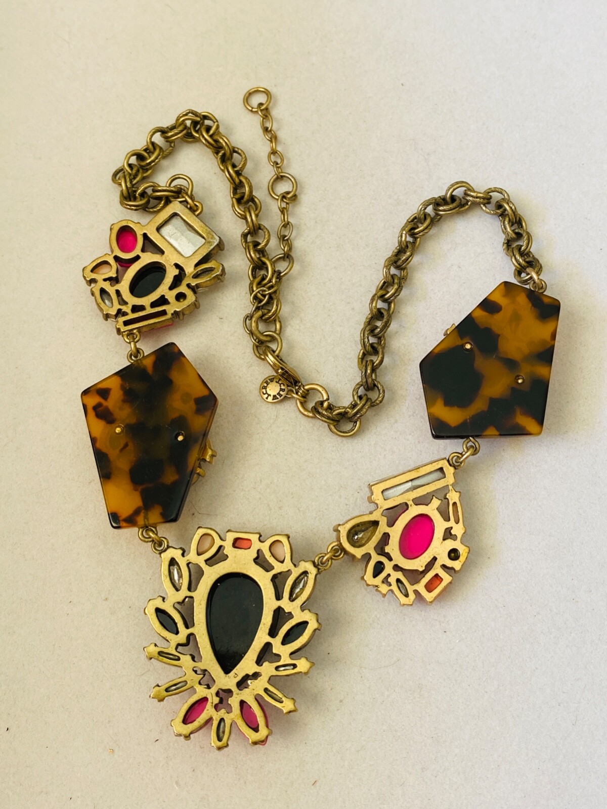 J. Crew Tortoise Print Lucite Neon Rhinestone Gold Tone Statement Necklace 21.5″