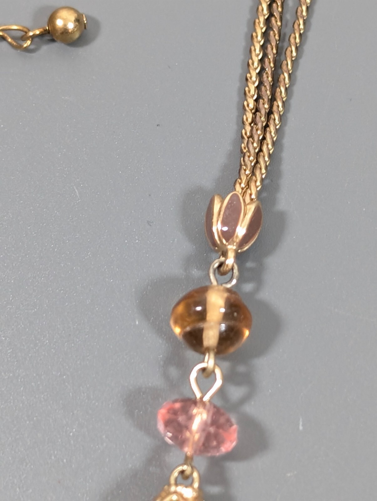 Retro Pink Brown Enamel Egg Bead Triple Chain Neckalce 19 in