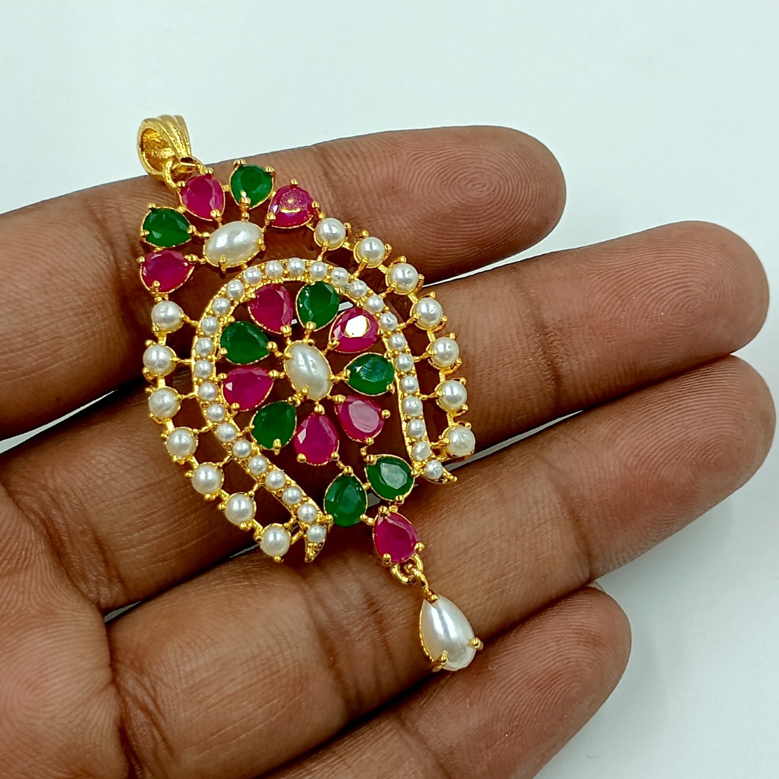 South Indian Ruby Emerald Pearl Pendant Set 22k Gold Plated Bridal Set