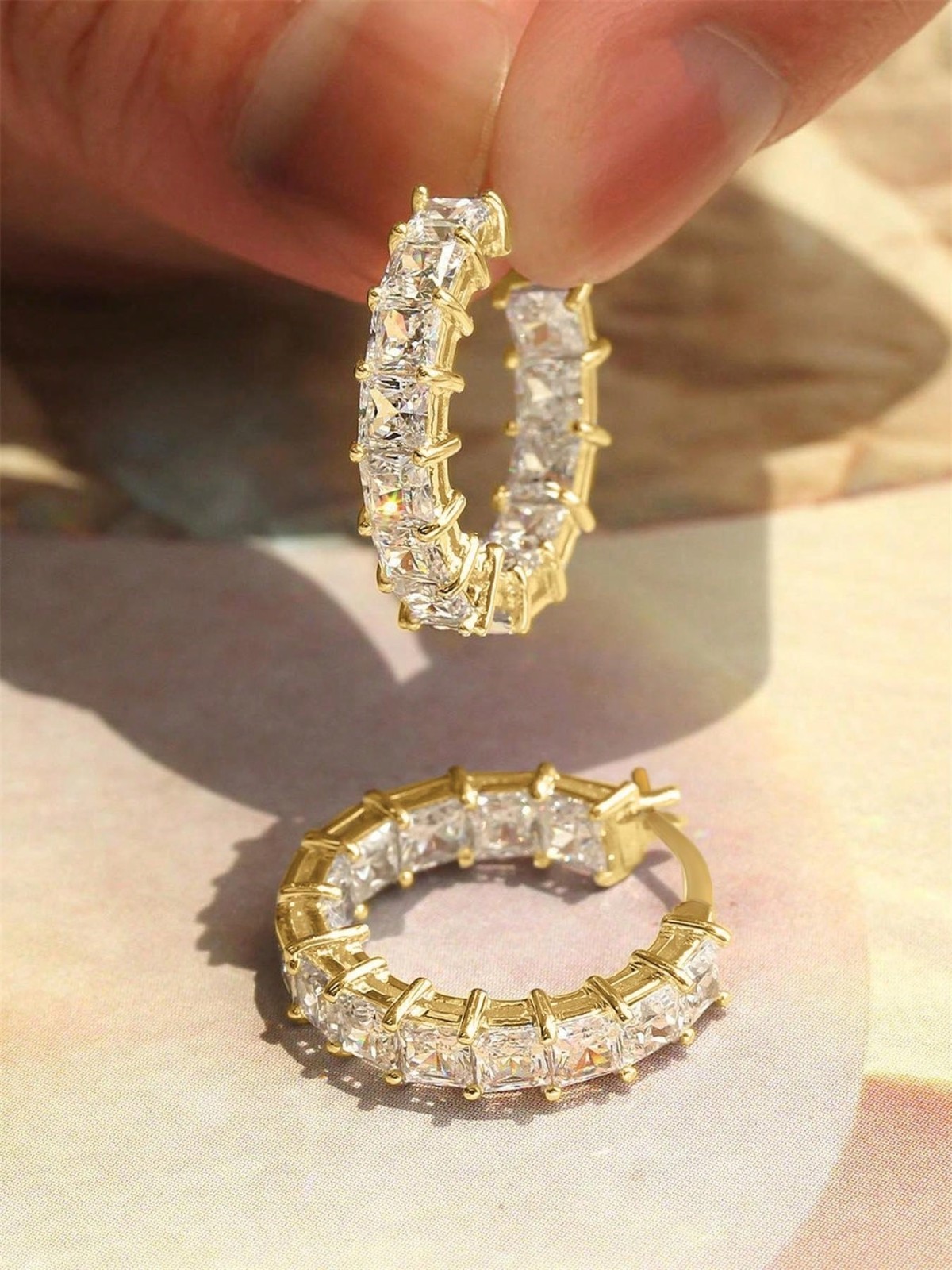 Gold & Silver Tone CZ Princess Cut Eternity Hoop Earrings Cubic Zirconia 20mm