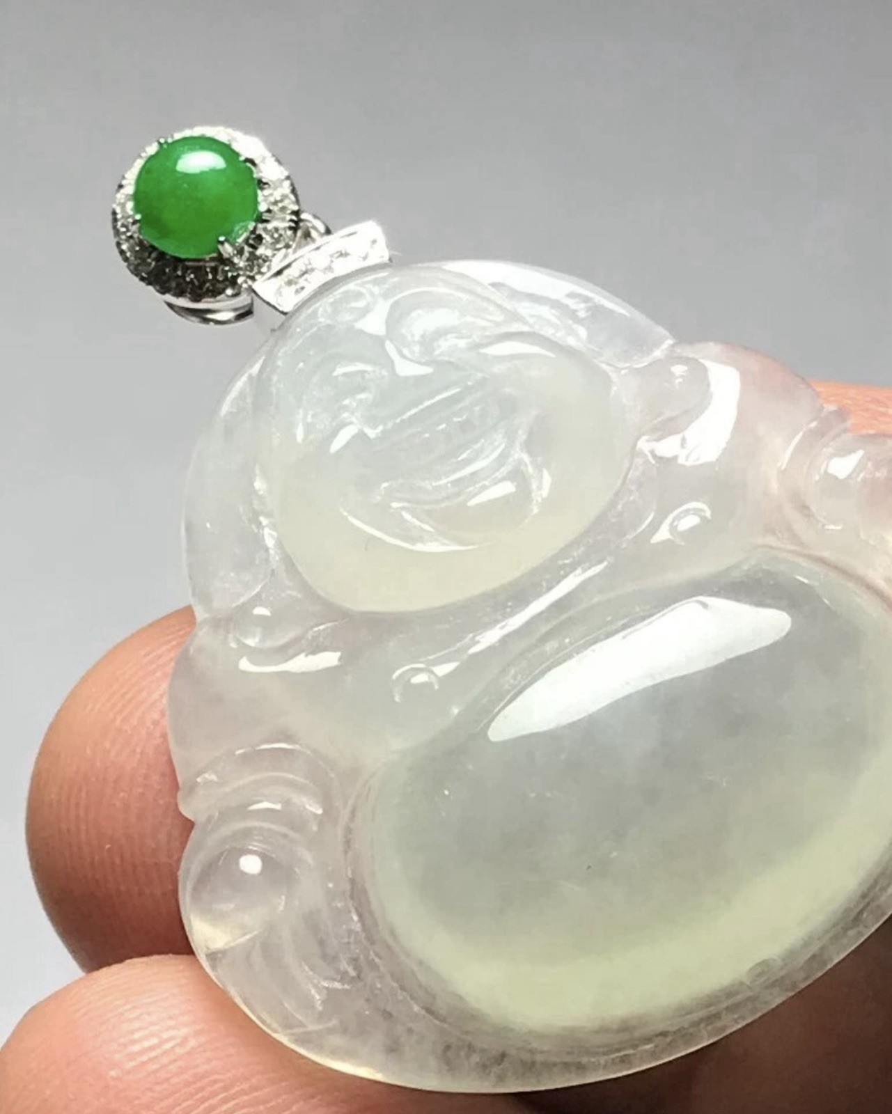 Certified Type A Icy Jadeite Happy Buddha Pendant 18K White Gold Diamond Bail