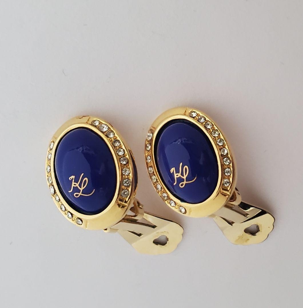Vintage Karl Lagerfeld Blue Cabochon cut Gold Tone Oval Clip-On Earrings