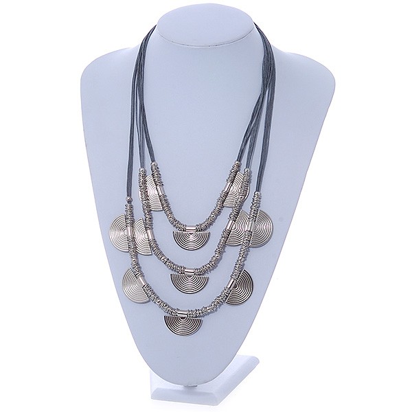 3 Strand Grey Cotton Cord Necklace with Metal Rings In Silver Tone – 66cm L/