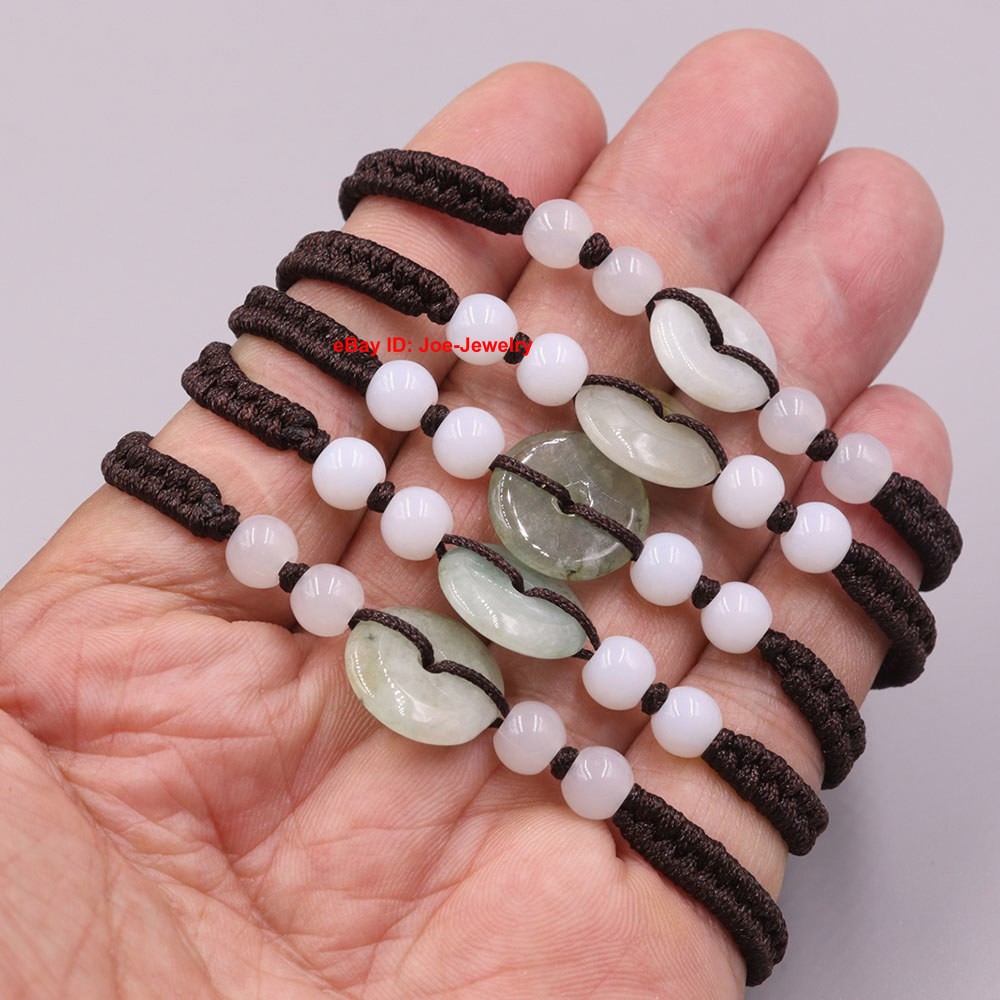 5pcs Natural Jade Round Circle Bead Black Knitted Bracelet Adjustable 15-16.5cm