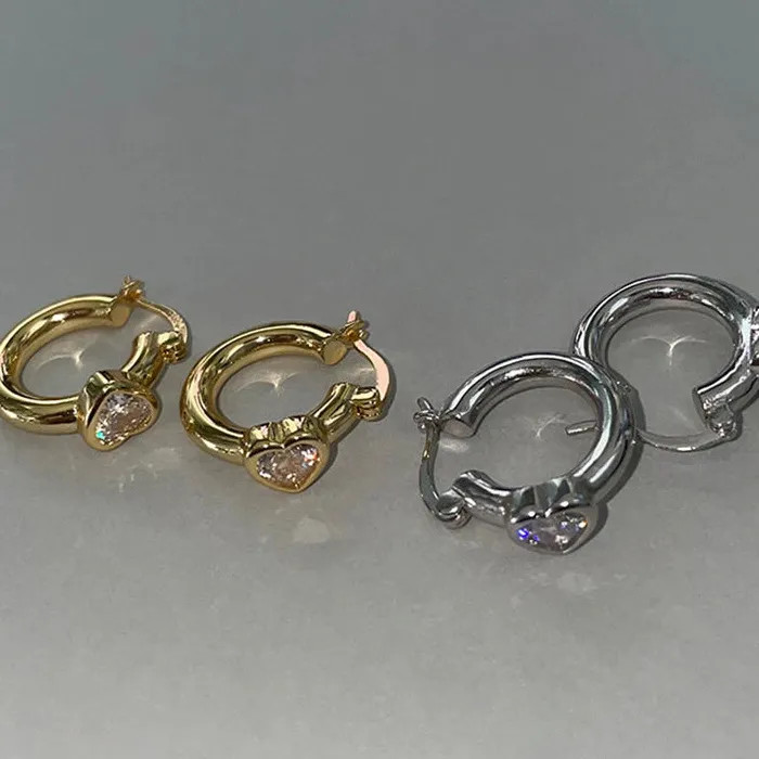 Shiny Zircon Heart Buckle Hoop Earrings Copper Stainless Steel 2026