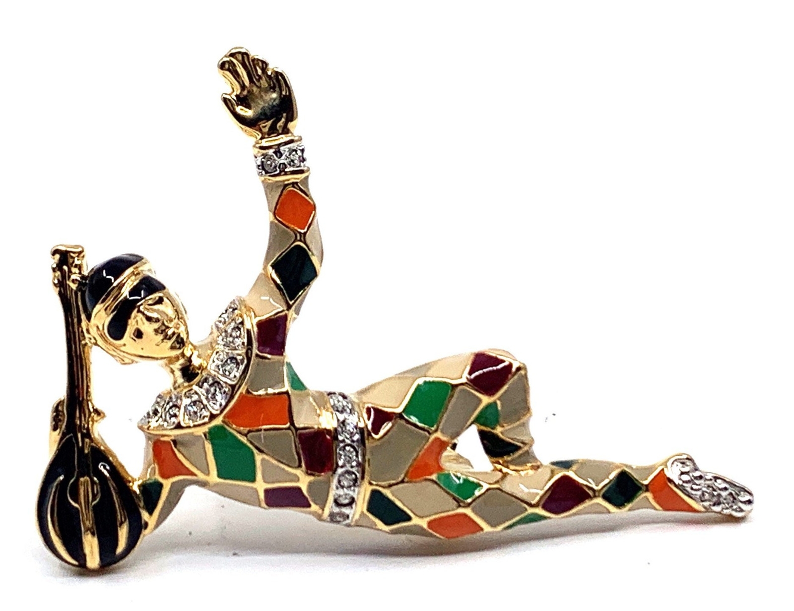 Dancing Harlequin Brooch Gold Plated Metal Alloys With Enamel & Czech Crystals