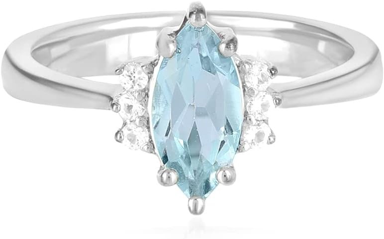 100% Natural Sky Blue Topaz & White Topaz Solitaire Ring in 925 Sterling Silver