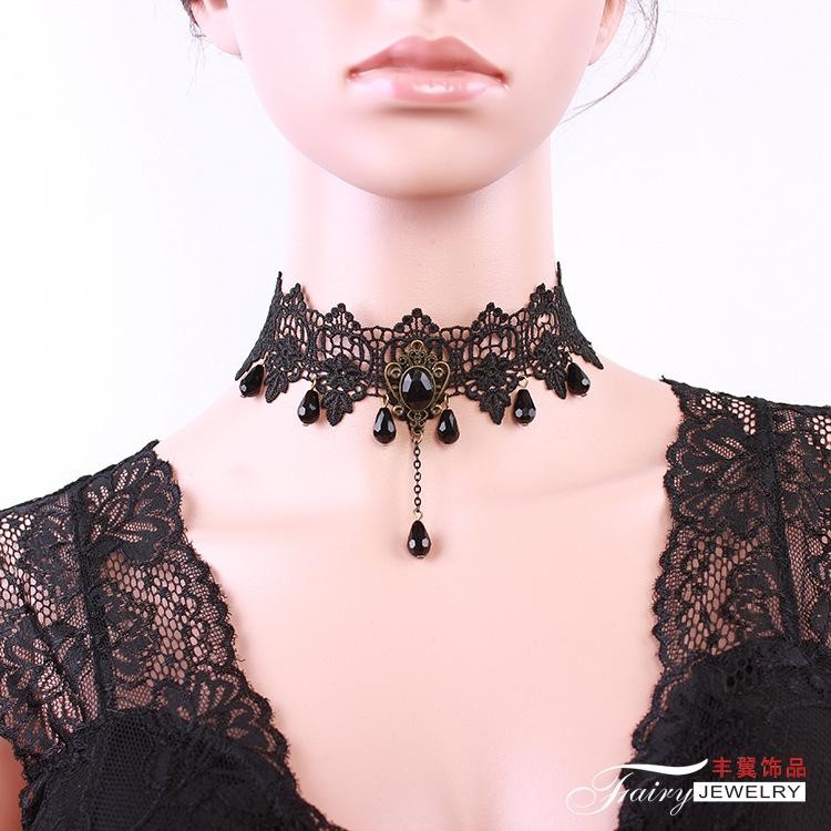 Trendy Gothic Lace Choker Necklace Red Rhinestone Tassel Punk Fashion Pendant