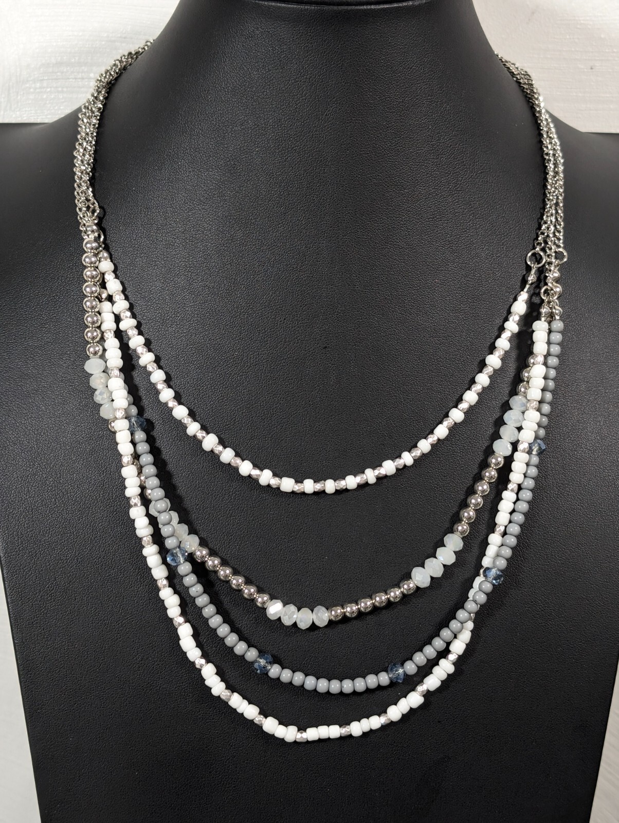 Beachy Coastal White Gray Beaded Silver Tone Layered Necklace 20 inch