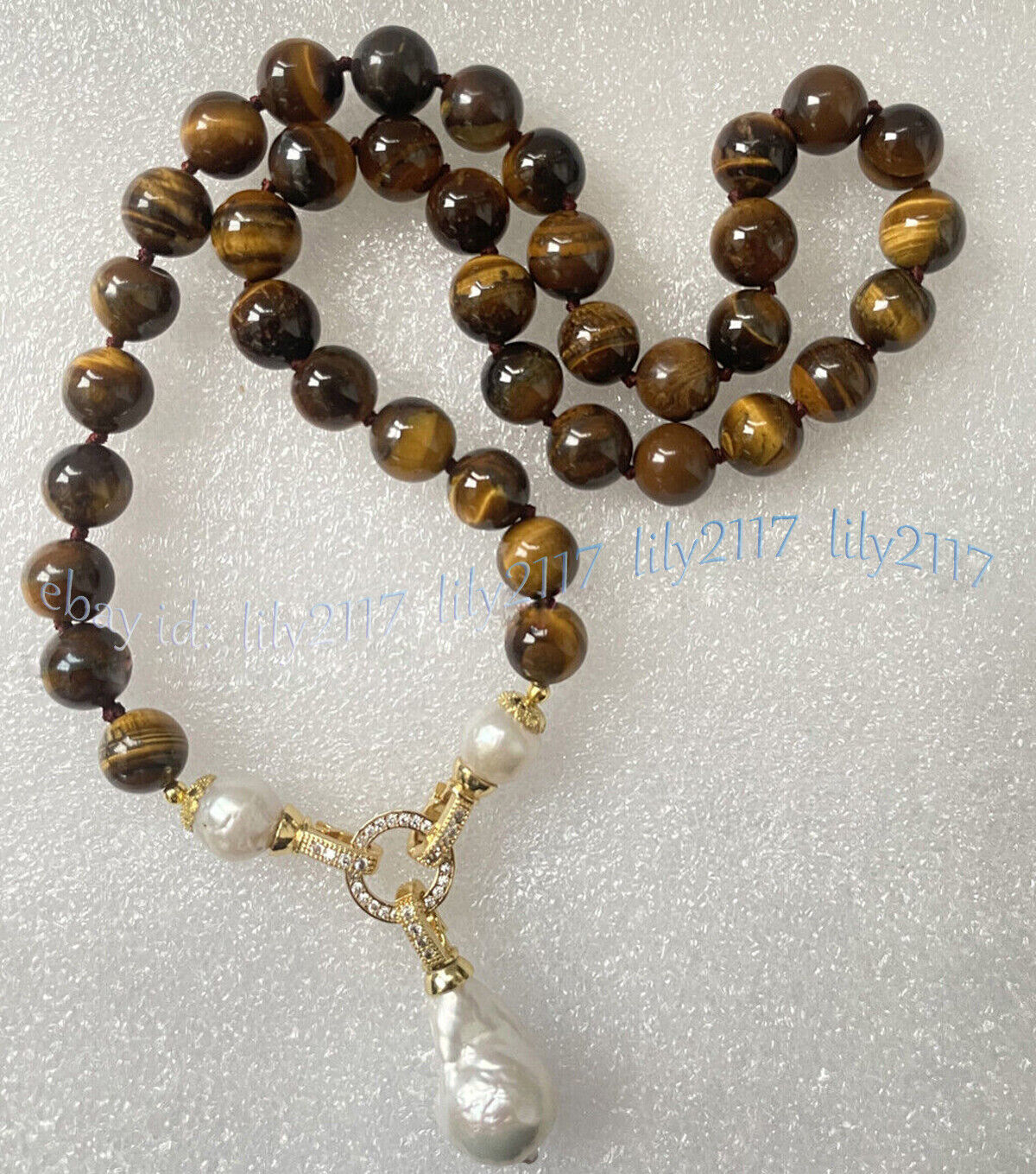 Natural Yellow Tiger’s Eye Gems Beads White Keshi Baroque Pearl Pendant Necklace