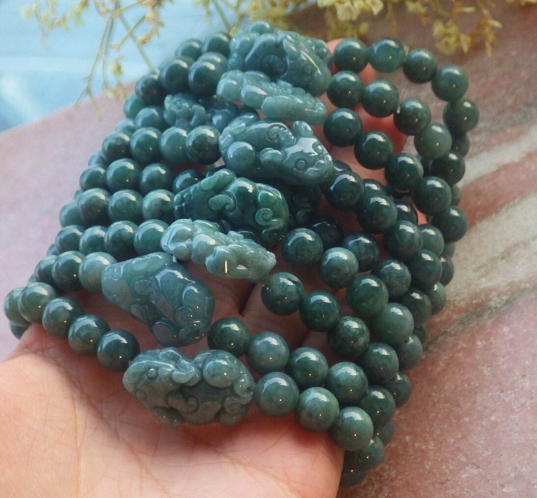 1 piece Green A JADE Jadeite Beads Bangle Dragon Pi Xiu Bracelet 6 inches 694382