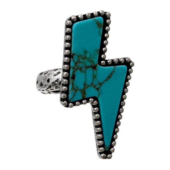 Adjustable Lightning Bolt Turquoise Bezel Statement Ring Silver Tone Blue Stone