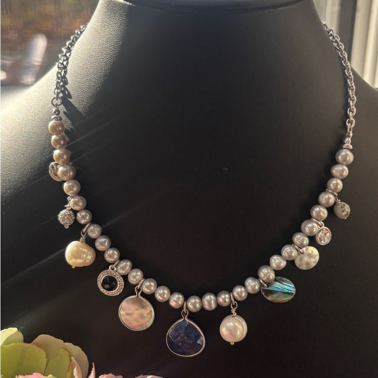 Tommy Bahama Mother of Pearl and Charm Necklace with Silver Accents NWT