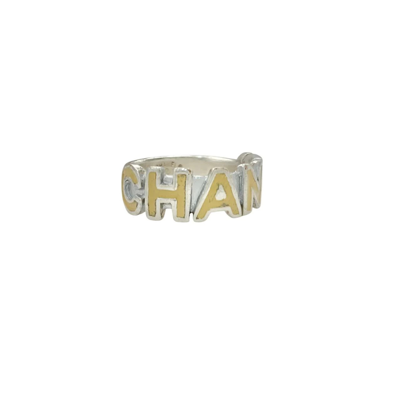 CHANEL Alphabet Logo Ring Silver Beige Plated 00T Size EU53 / US6.25 Authentic