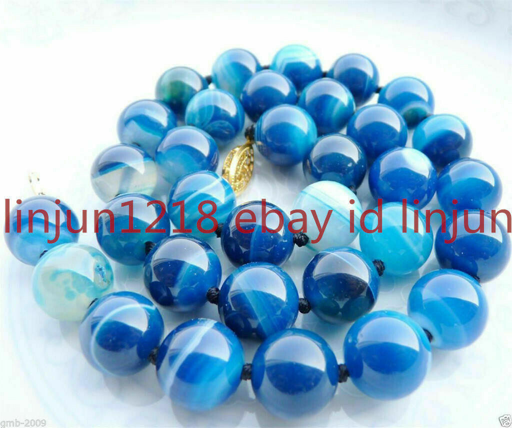 New 8/10/12mm Natural Blue Striped Agate Round Gemstone Beads Necklace 18 in