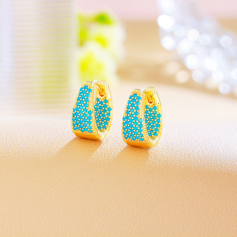 16mm Blue Round Turquoise Paved Small Hoop Earrings Gold Plated Women Party Gift