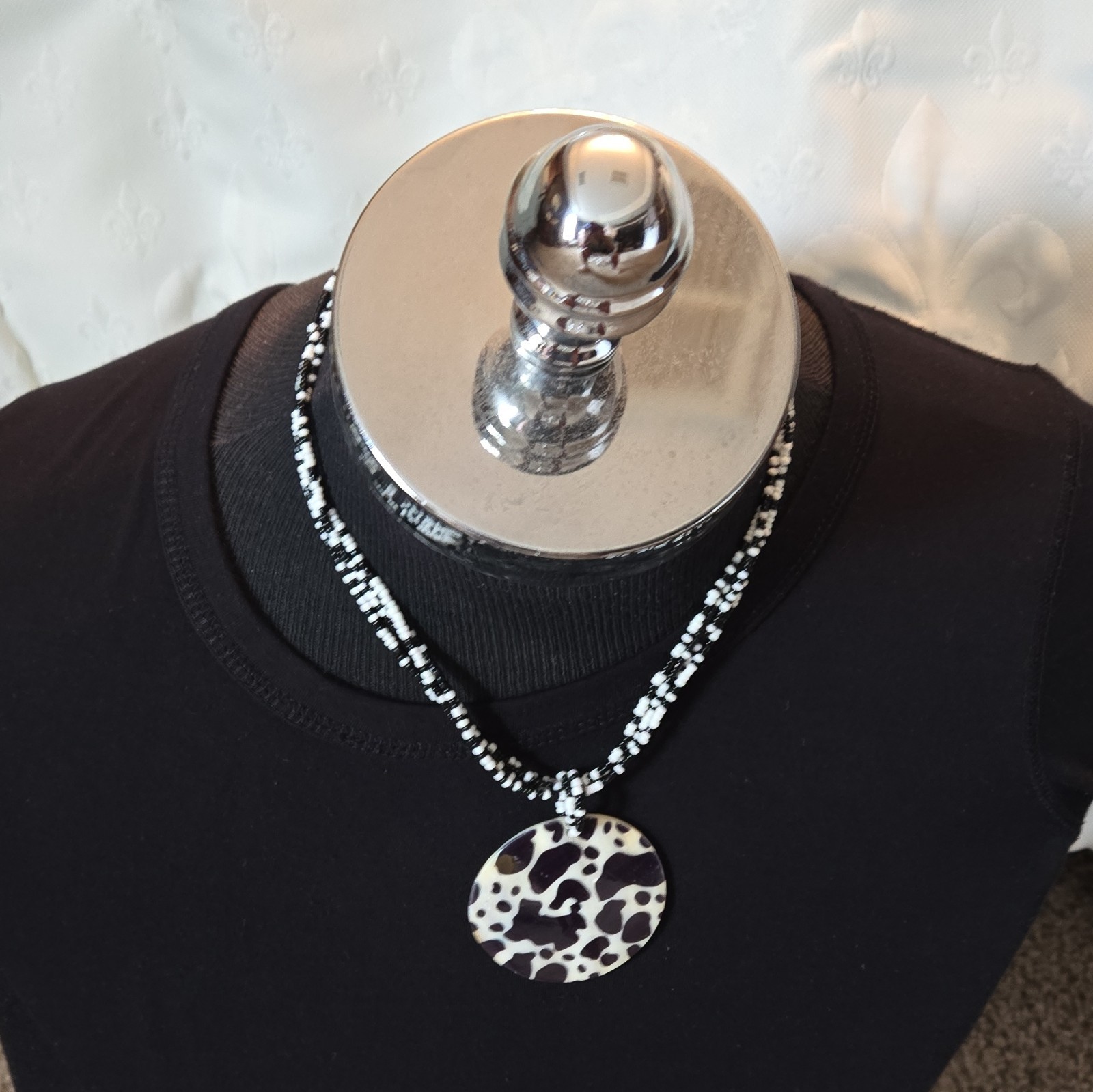 Black White Silver Beaded Necklace Round Charm Pendant Adjustable Lobster