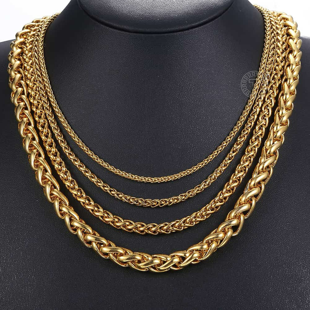 Men Women Braided Wheat Spiga Necklace Gold Plated Stainless Steel Chain 3-9.5mm
