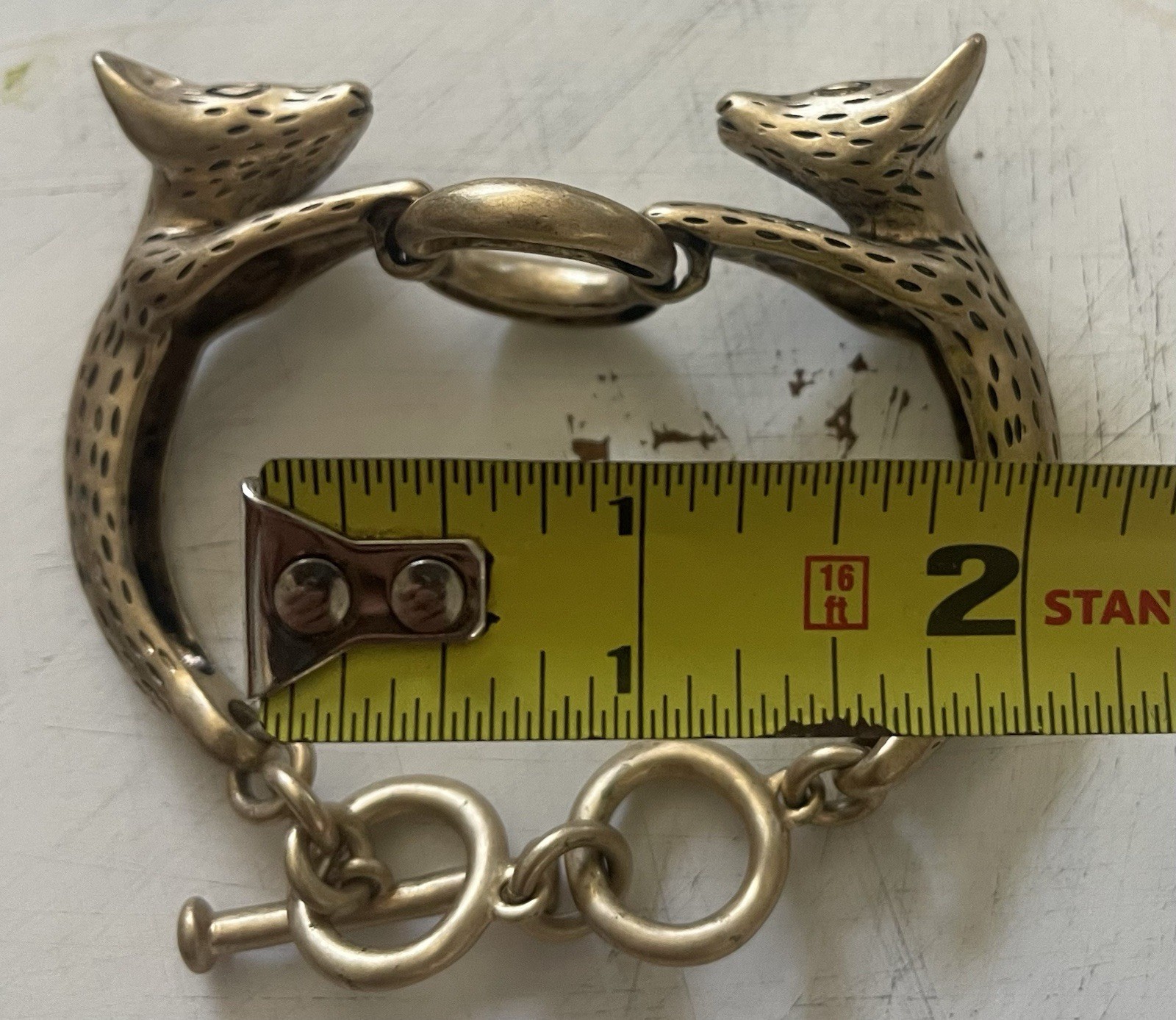 Vintage Gold Bronze Brass Metal Double Fox Head Cuff Bracelet Heavy Unique