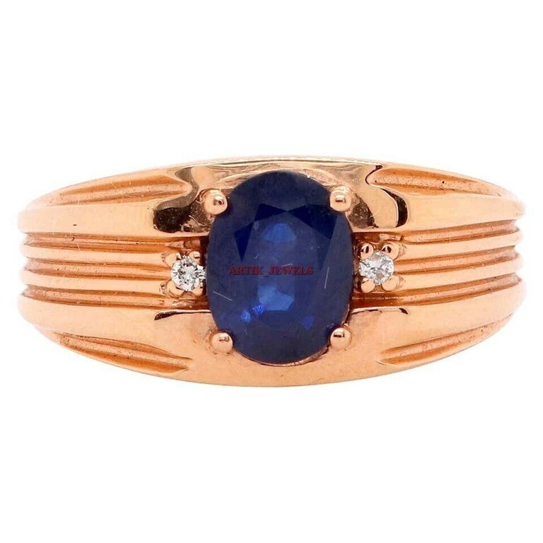 Heated Blue Sapphire Gemstone With 14K Rose Gold Plated Silver Ring for Men’s #3