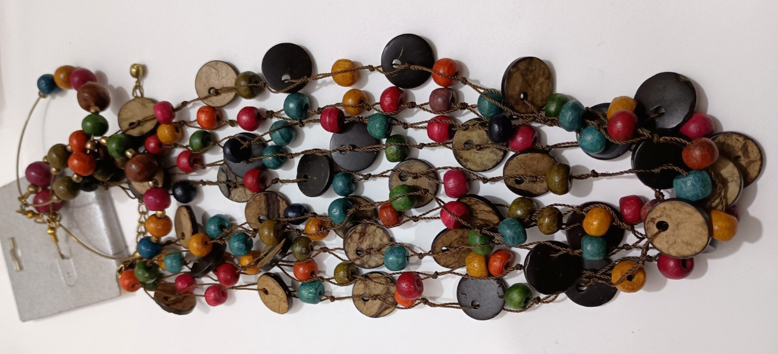 NEW FABULOUS Natural 5 Stranded Wood & Metal Bead Dangle Earring Set Vegan
