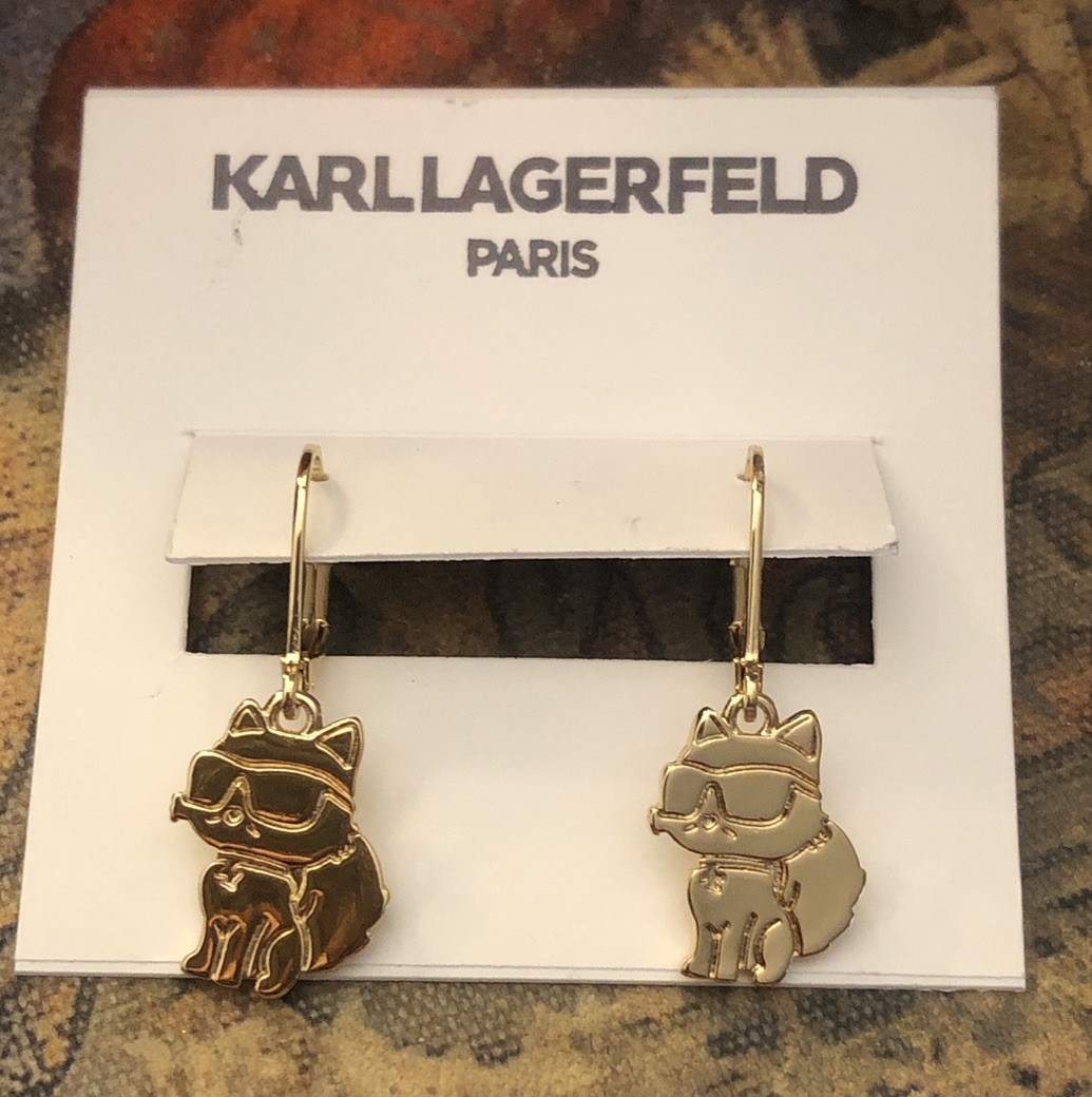 Karl Lagerfeld Polished Gold Tone Choupette Wearing Sunglasses Drop Earrings NWT